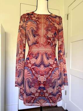 Marciano Paisley Print Bell Sleeve Mini Dress with Lace Detail Size XS